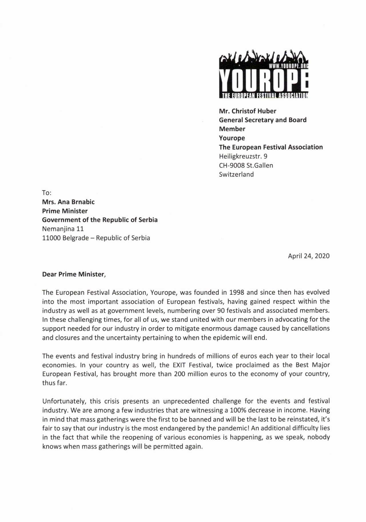 Yourope Letter to the Serbian Government