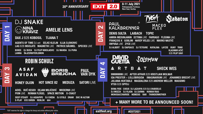 EXIT 2021 lineup po danima