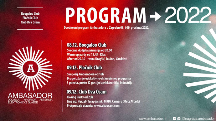 Dvodnevni program dodele Nagrada Ambasador za 2022. godinu u tri kluba: Boogaloo Club, Pločnik i Klub Dva Osam