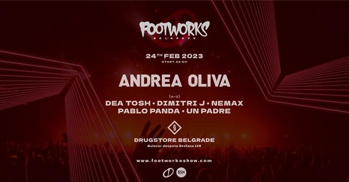 Footworks Live Show u klubu Drugstore kada će 24. februara 2023. godine nastupiti DJ i producent Andrea Oliva.