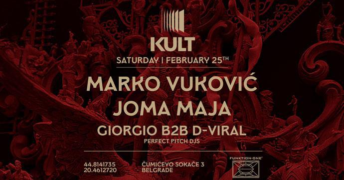 Marko Vuković, Joma Maja i Perfect Pitch DJs u klubu Kult 25. februara 2023. godine.