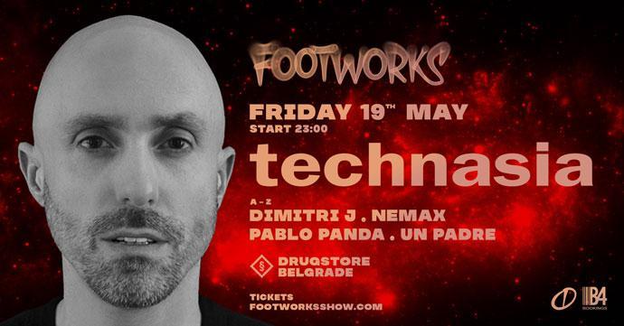 Footworks Live Show 19. maja 2023. godine ugostiće DJ-a Technasia u klubu Drugstore.