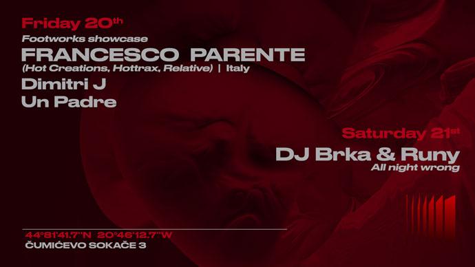 Francesco Parente na Footworks žurci i DJ Brka i Runy ovog vikenda 20. i 21. oktobra 2023. godine u Clubu Kult.