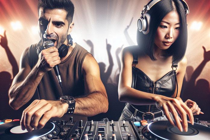 Muskarac-i-zena-DJ-zajedno-na-stejdzu Muškarac i žena DJ-evi zajedno na stejdžu.