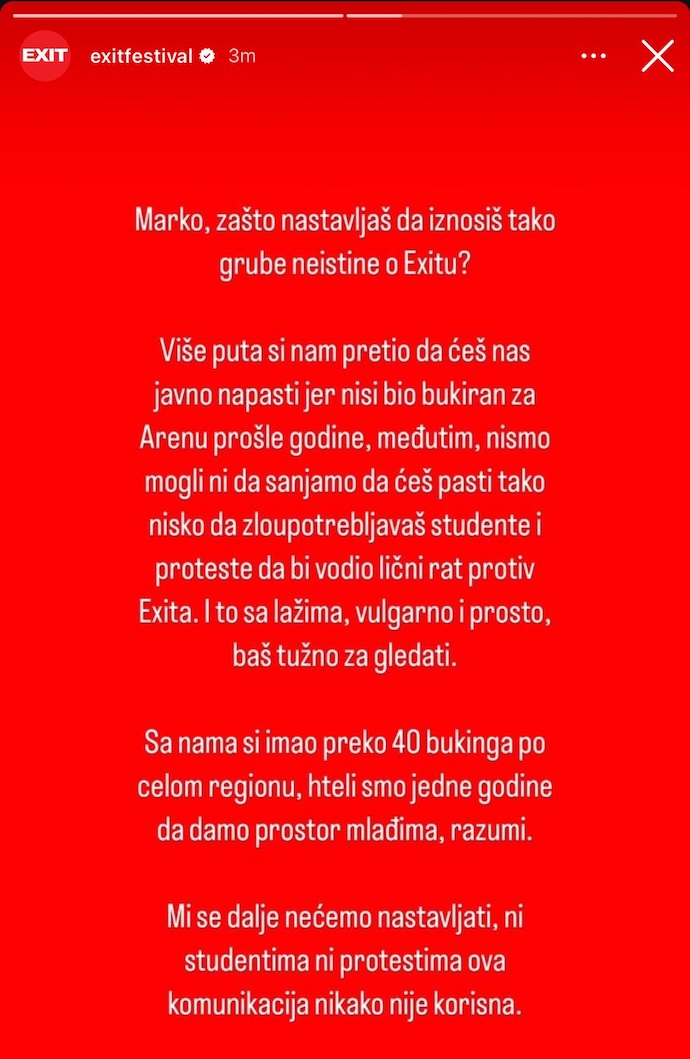 exit festival story odgovor marku nasticu 2025