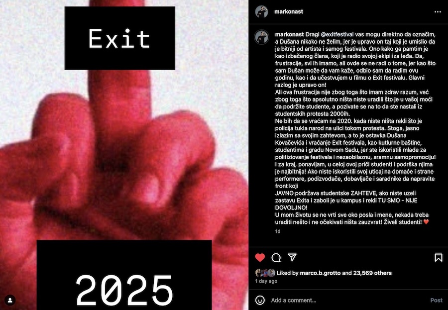 marko nastic exit festival post objava kritika protesti