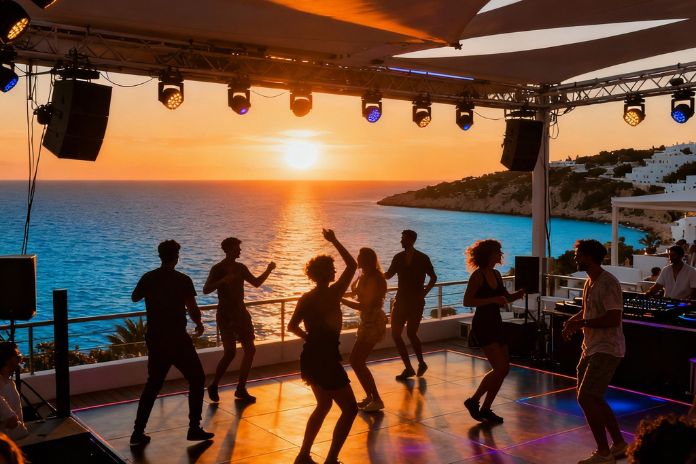 Zalazak sunca na terasi kluba na Ibizi sa pogledom na Mediteran, siluete ljudi koji plešu na otvorenom, stvarajući autentičnu atmosferu zabave i slobode na White Isle.