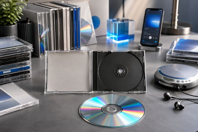 povratak-cd-formata-prodaja-raste-bgdgrotto Kompakt-diskovi i CD plejer u modernom prostoru koji simbolizuju povratak fizičkih muzičkih izdanja.